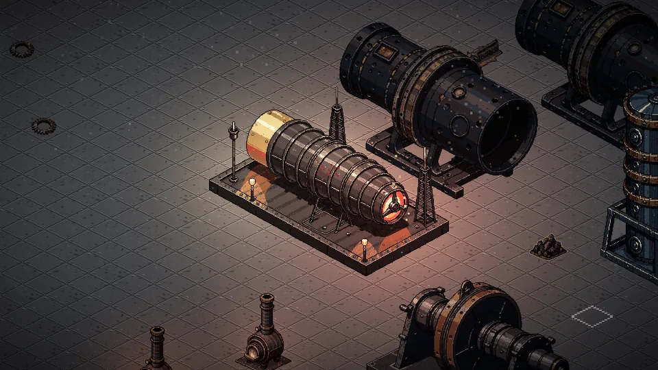 Great black engine cylinders with brass bands stand on the grey deck plates of a vast hall, one glowing warm from within.