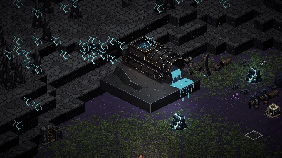 A wrecked tracked ore hauler spills glowing blue coolant at the foot of terraced black canyon walls.