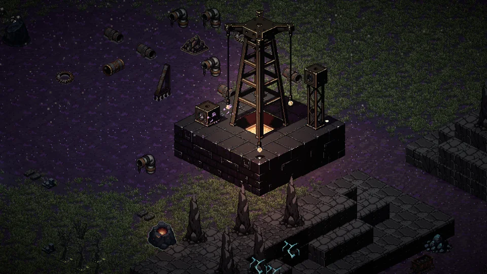 A lamp-lit iron drilling tower on a black stone platform, with stepped canyon walls falling away below it.