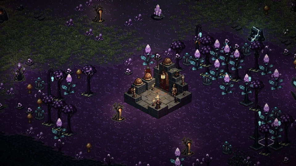 A small candlelit shrine surrounded by violet lumen crystals and dark trees on purple ground in the Rifts.