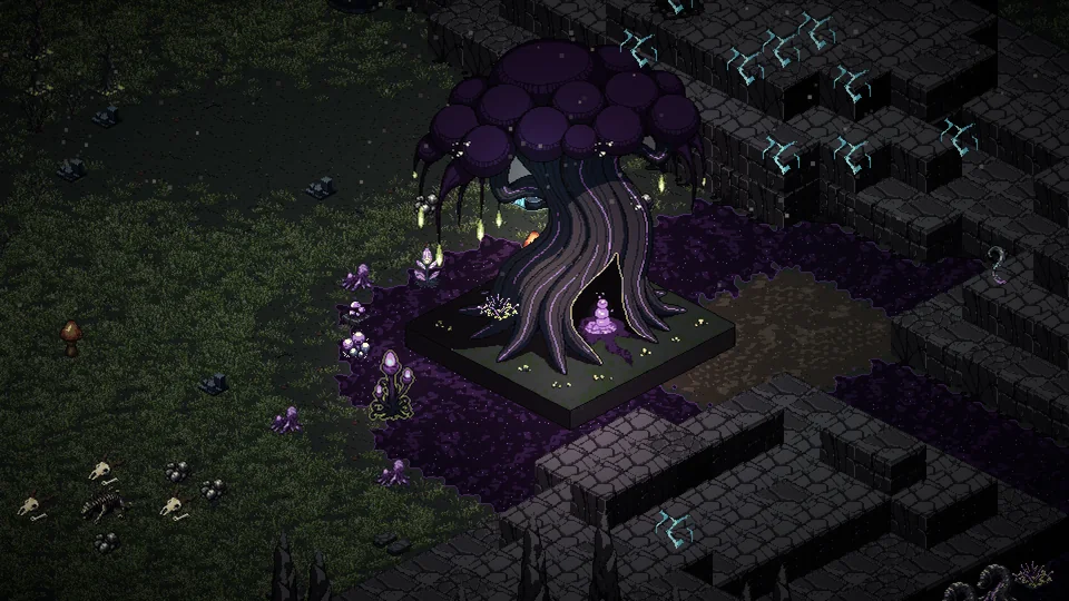 A giant twisted tree with a violet crown grows from a stone platform among dark cliffs lit with blue crystals.